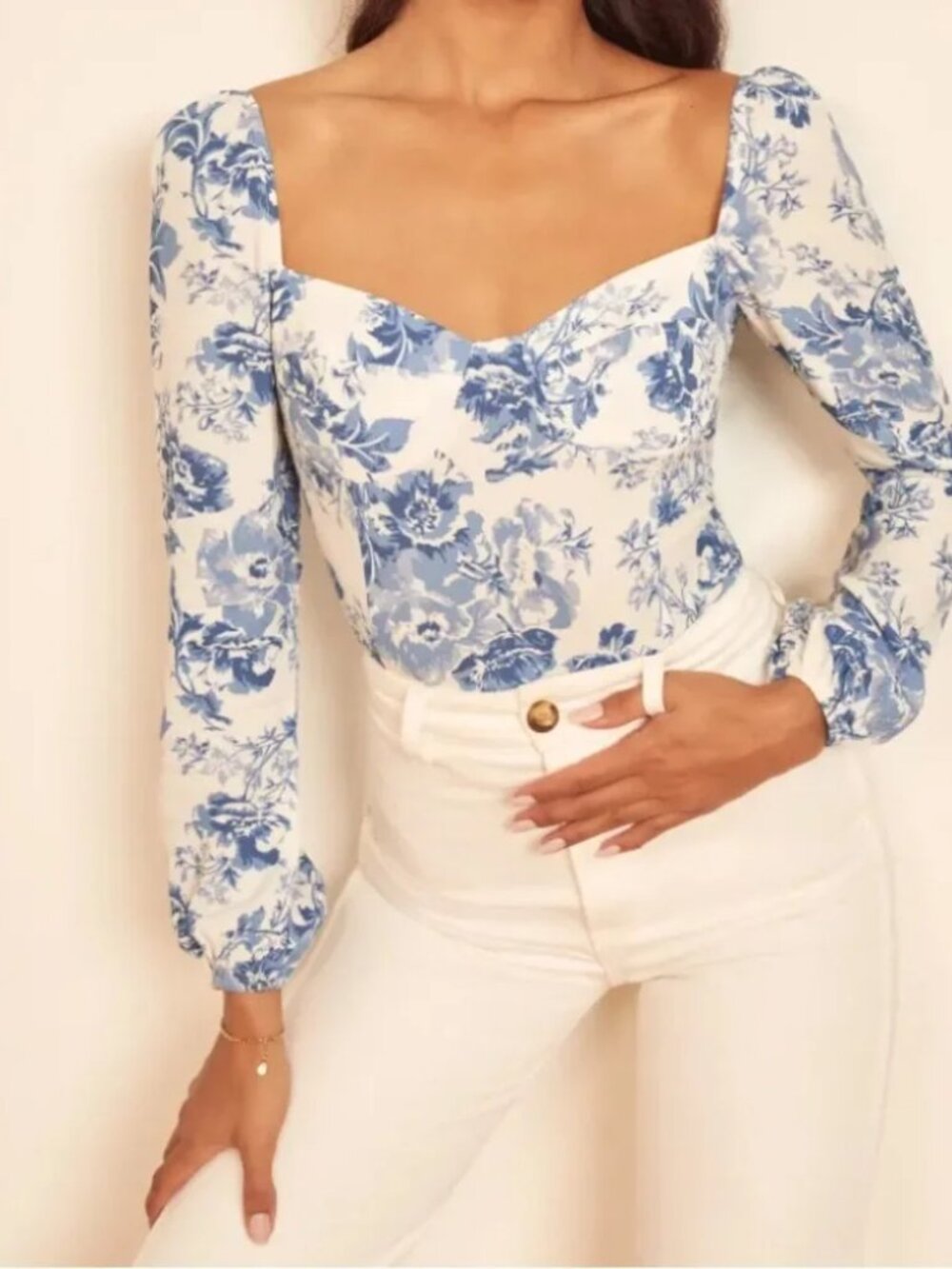 Reformation Reign Top in Olympia Blue White Floral Print Size 6
